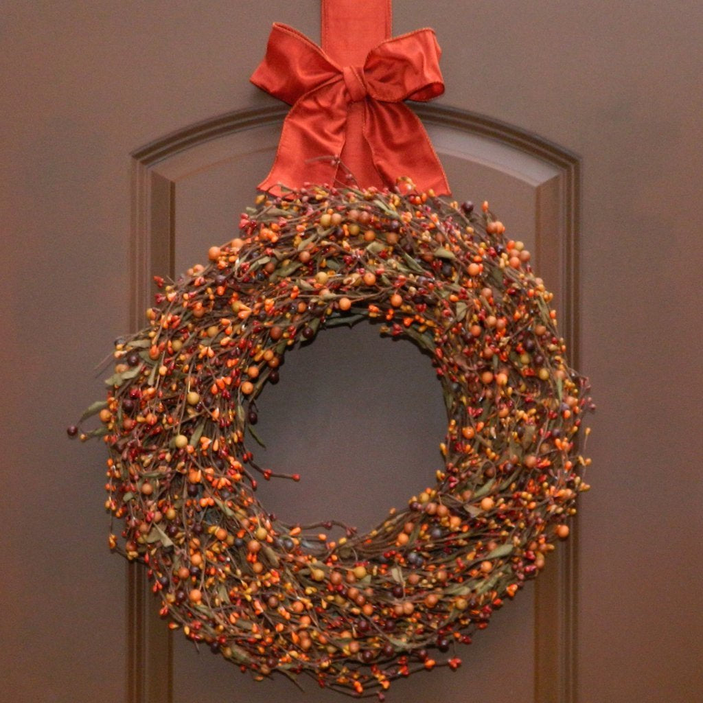 Sunset and Orange Berry Wreath with Leaves - with Bow Wreath Hanger