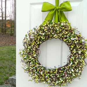 Light Green & Pink Spring Berry Wreath with Small Flowers with Bow