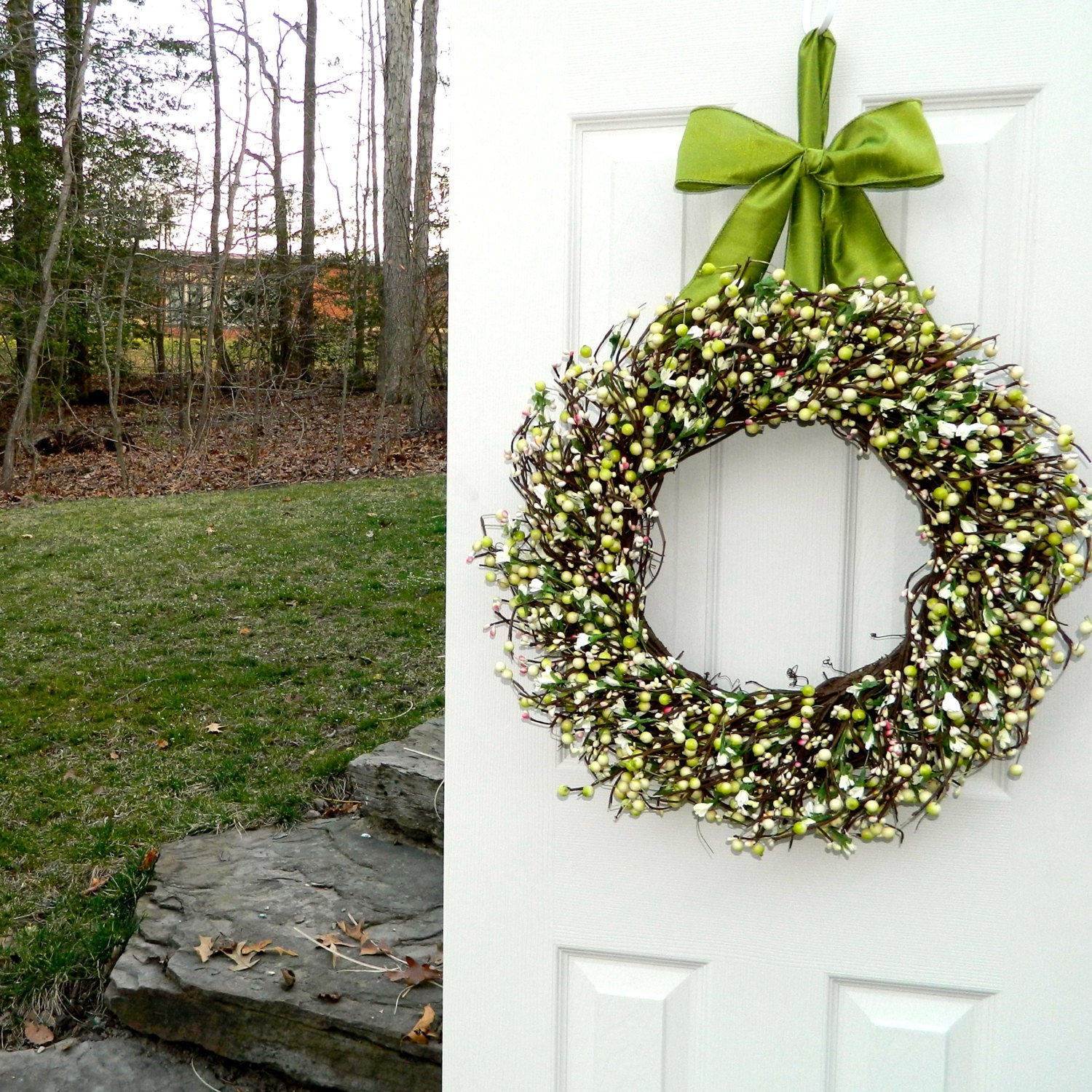 Light Green & Pink Spring Berry Wreath with Small Flowers with Bow