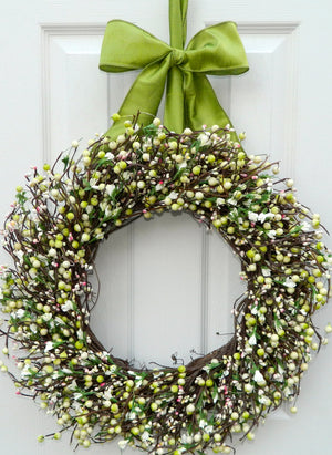 Light Green & Pink Spring Berry Wreath with Small Flowers with Bow