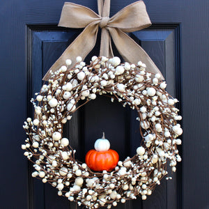 Cream Combo Berry Wreath with Pumpkins with Bow