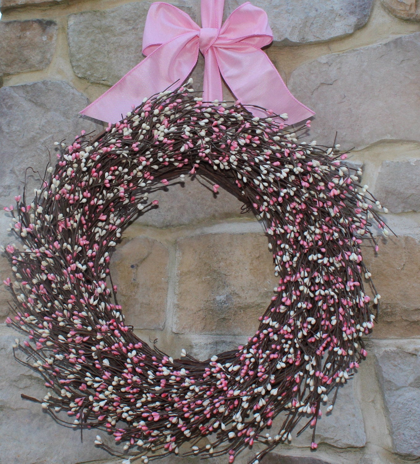 Cream & Pink Pip Berry Wreath with Bow