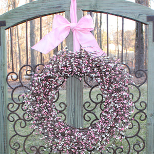 Cream & Pink Pip Berry Wreath with Bow