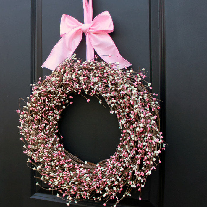 Cream & Pink Pip Berry Wreath with Bow