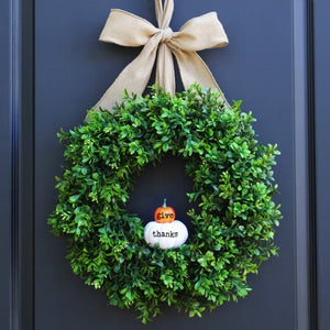 Give Thanks Pumpkin Boxwood Wreath with Bow