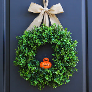 Give Thanks Pumpkin Boxwood Wreath with Bow